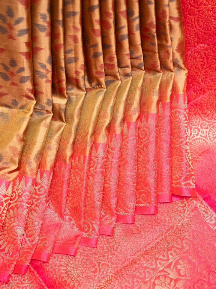 Khaki Beige and Peach Pure Ikat Silk Saree - Clio Silks