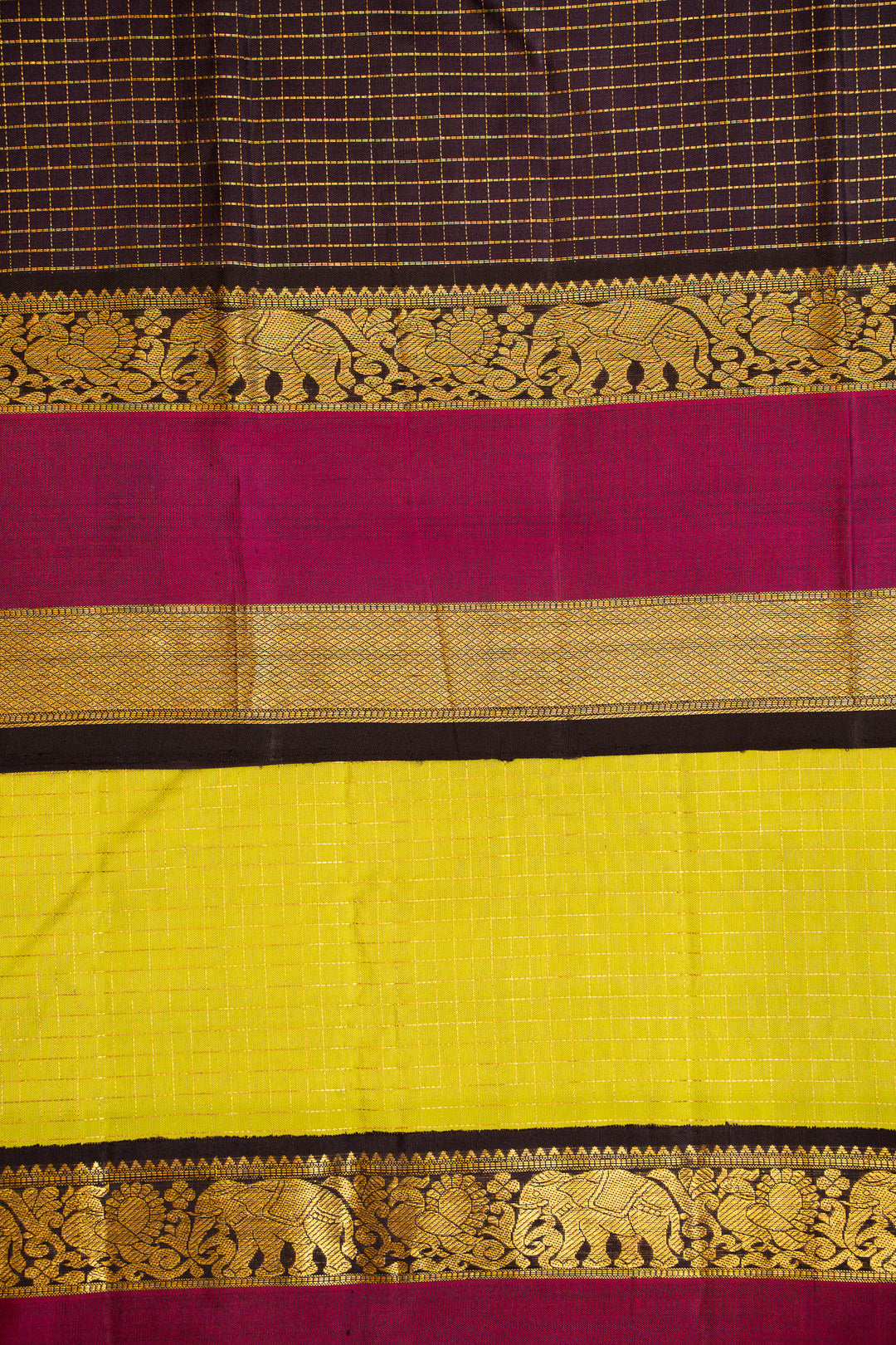 Lime Green and Navy Blue Zari Checks Kanchipuram Silk Saree - Clio Silks