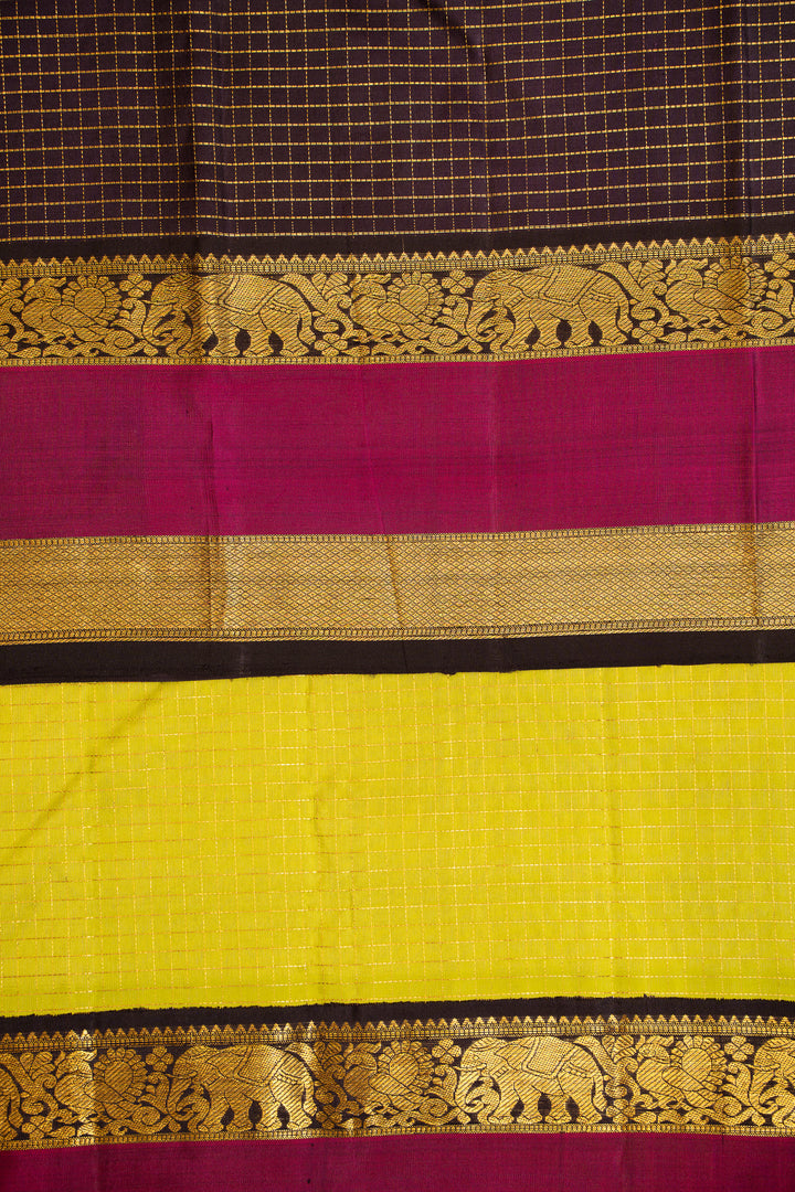 Lime Green and Navy Blue Zari Checks Kanchipuram Silk Saree - Clio Silks