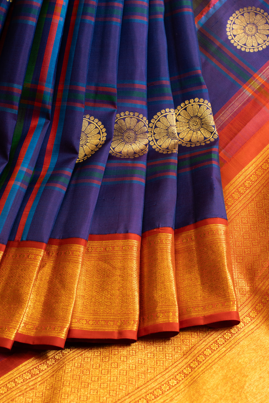 Indigo blue pure zari vintage checks Kanchipuram silk saree