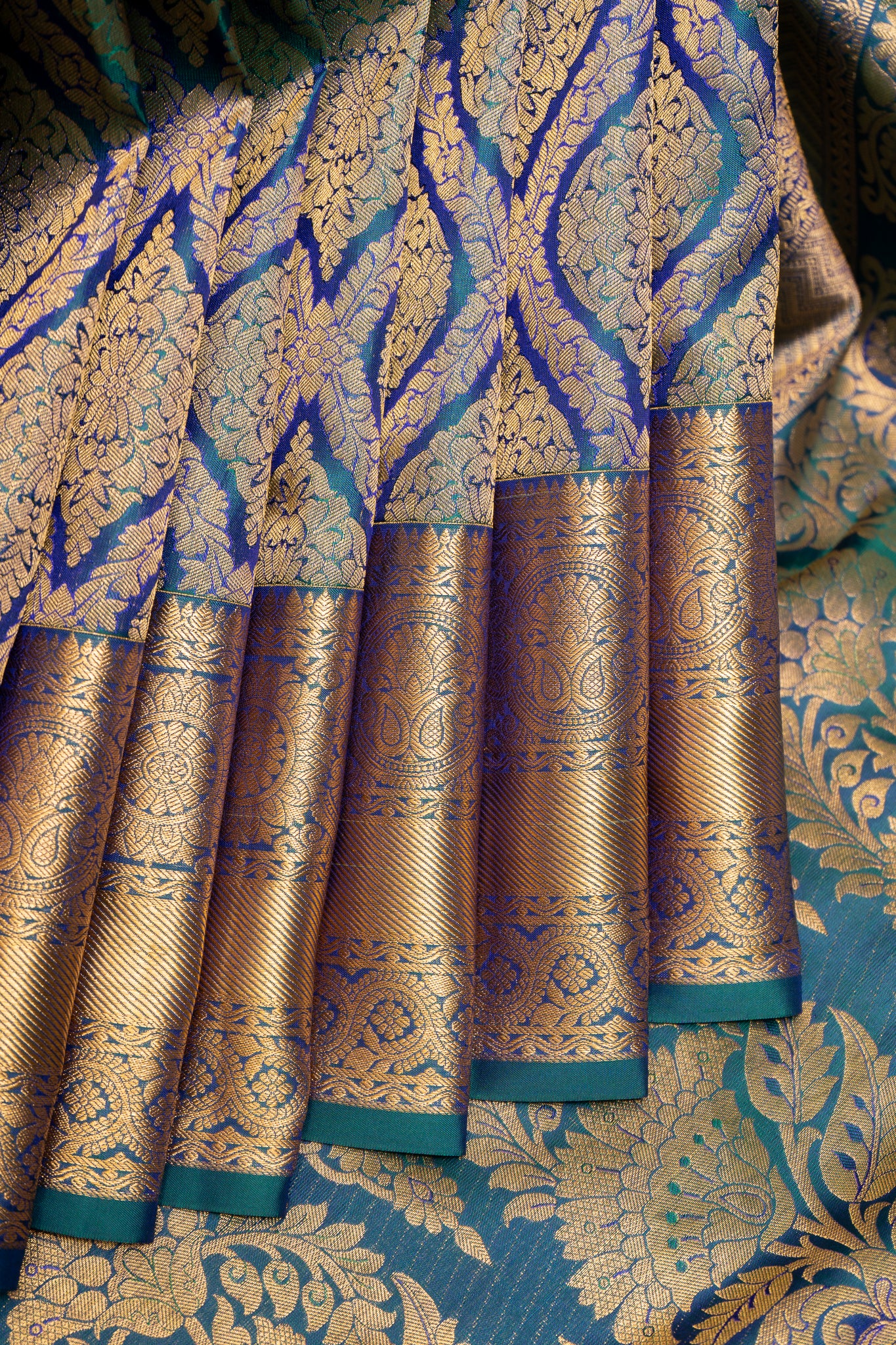 Peacock Blue Brocade Pure Kanchipuram Silk Saree - Clio Silks