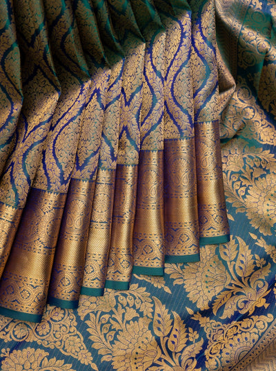 Peacock Blue Brocade Pure Kanchipuram Silk Saree - Clio Silks