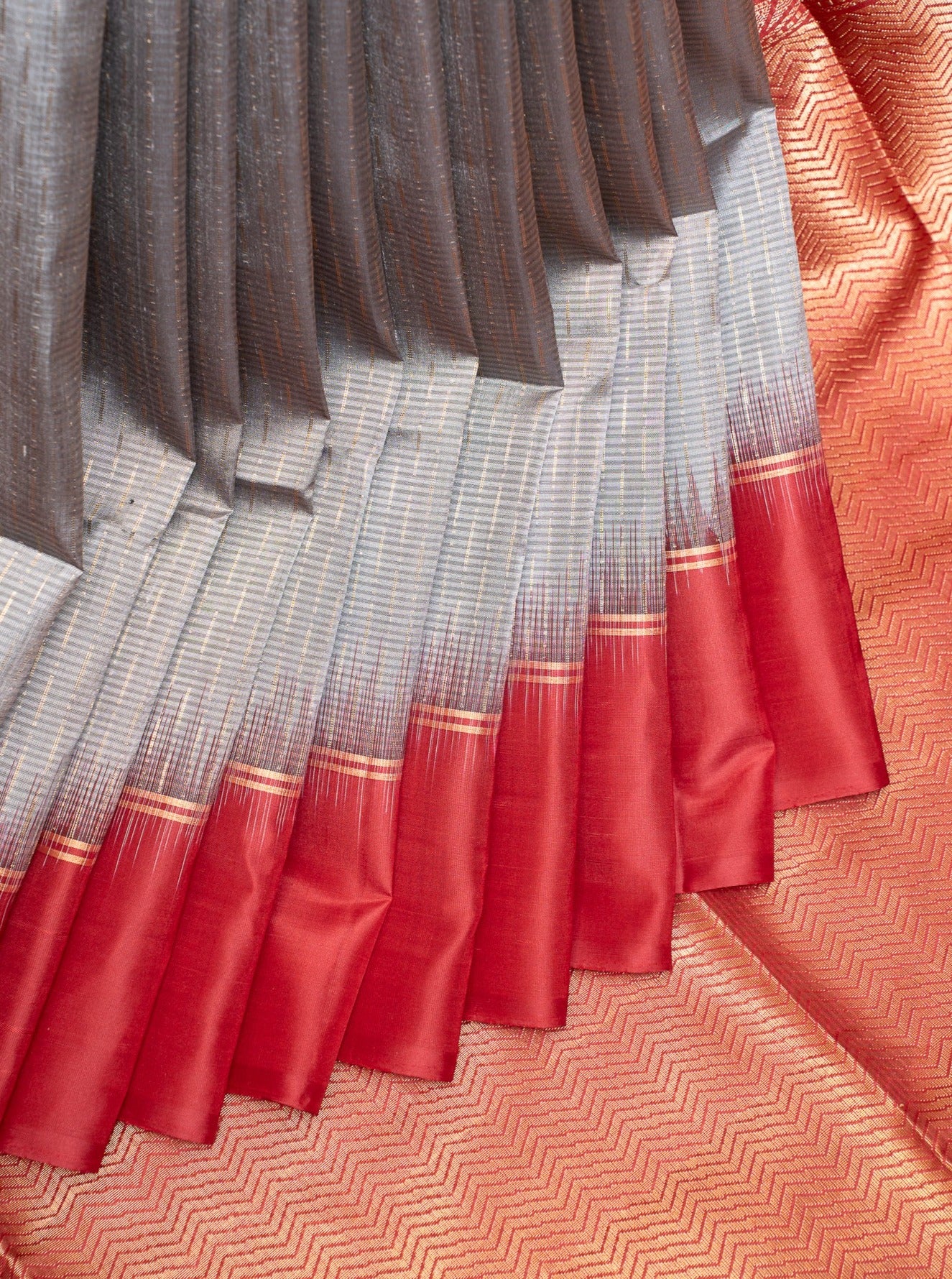 Grey and Red Pure Soft Silk Saree - Clio Silks