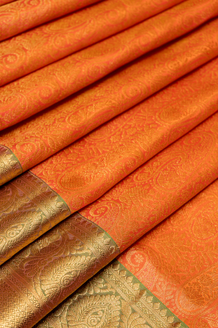 Peach Paisley Pure Brocade Kanchipuram Silk Saree - Clio Silks