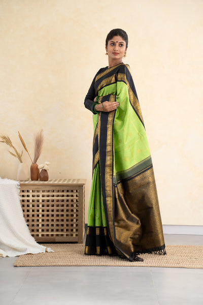 Parrot Green and Black Pure Zari Kanchipuram Silk Saree - Clio Silks