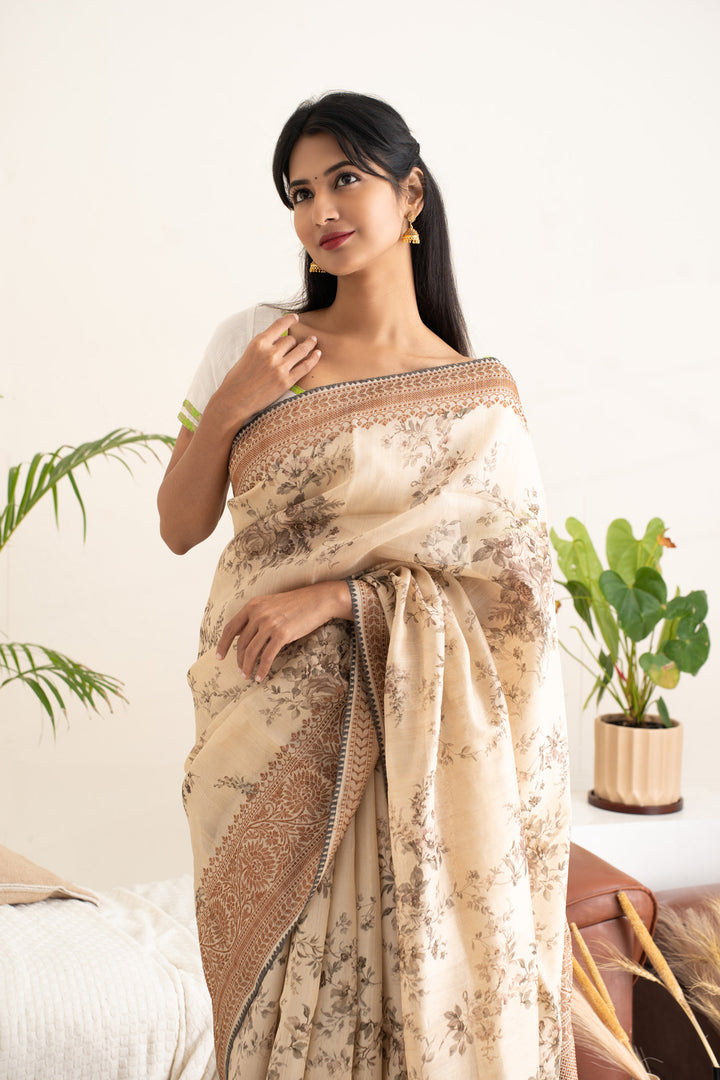 Sand Beige Floral Printed Pure Banaras Tussar Designer Saree - Clio Silks