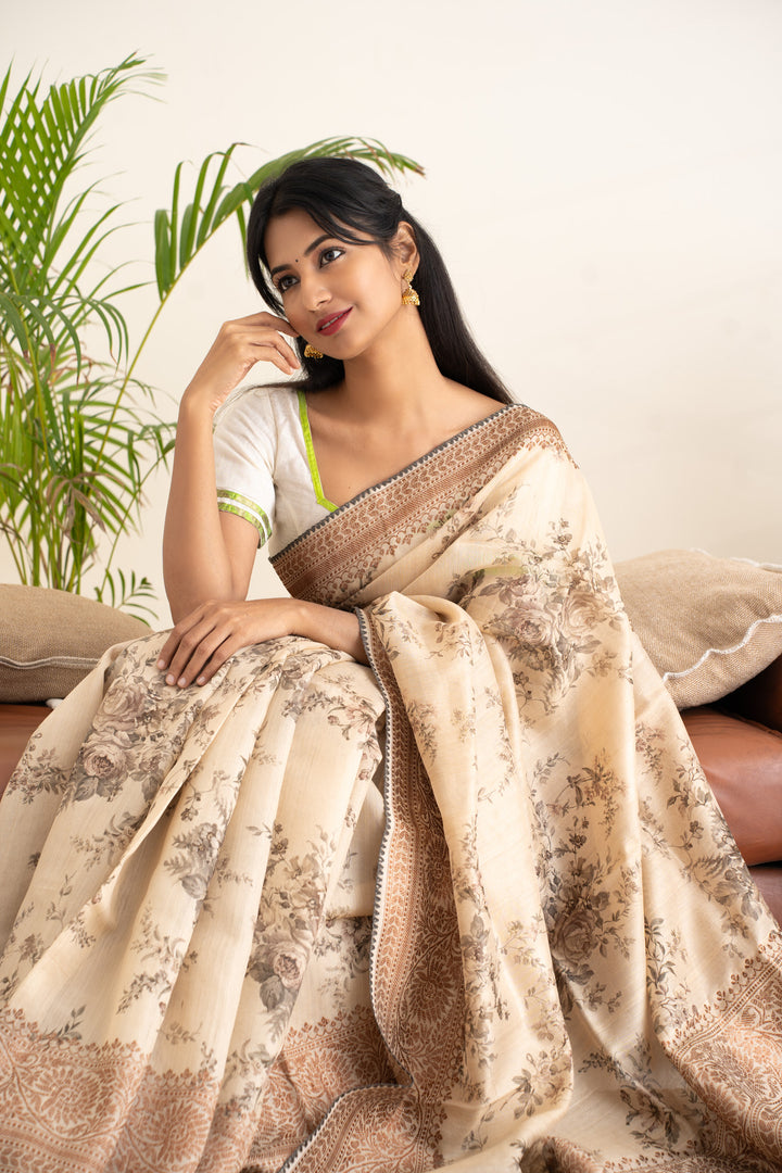 Sand Beige Floral Printed Pure Banaras Tussar Designer Saree - Clio Silks