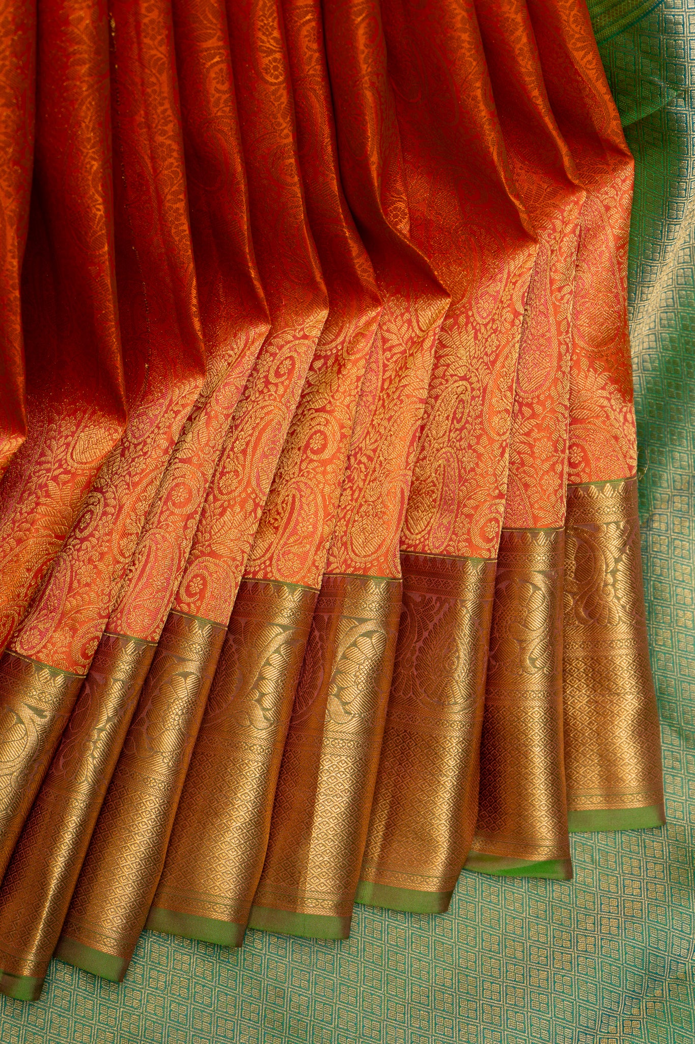 Peach Paisley Pure Brocade Kanchipuram Silk Saree - Clio Silks