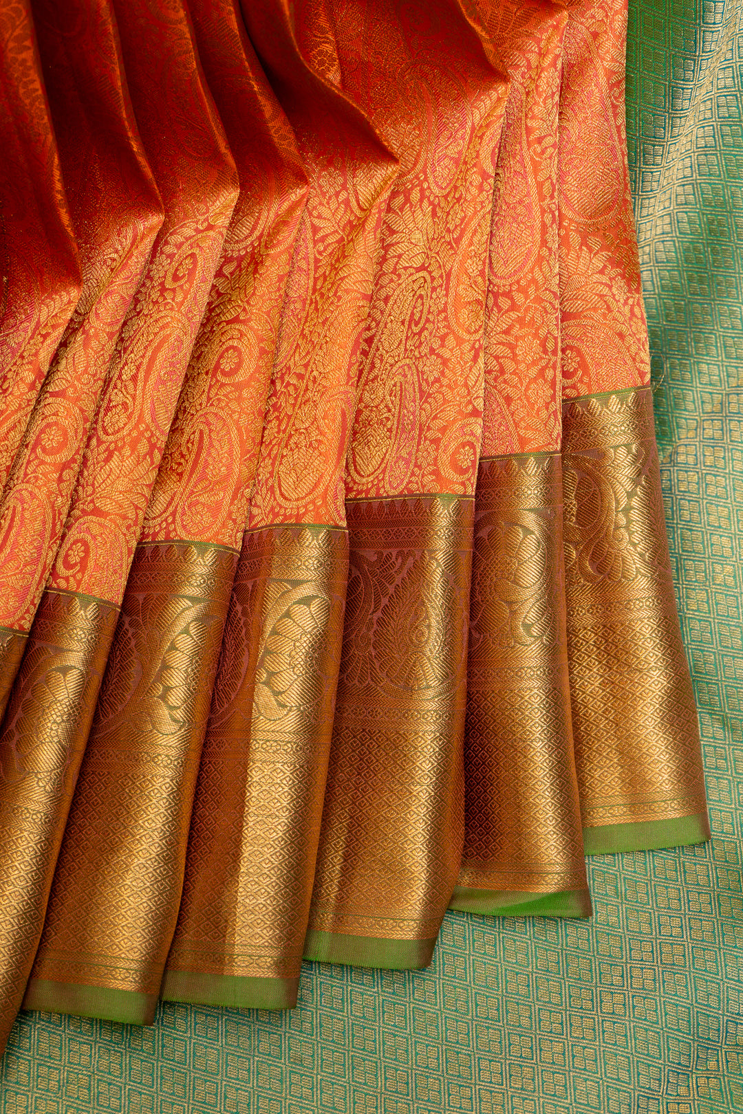 Peach Paisley Pure Brocade Kanchipuram Silk Saree - Clio Silks