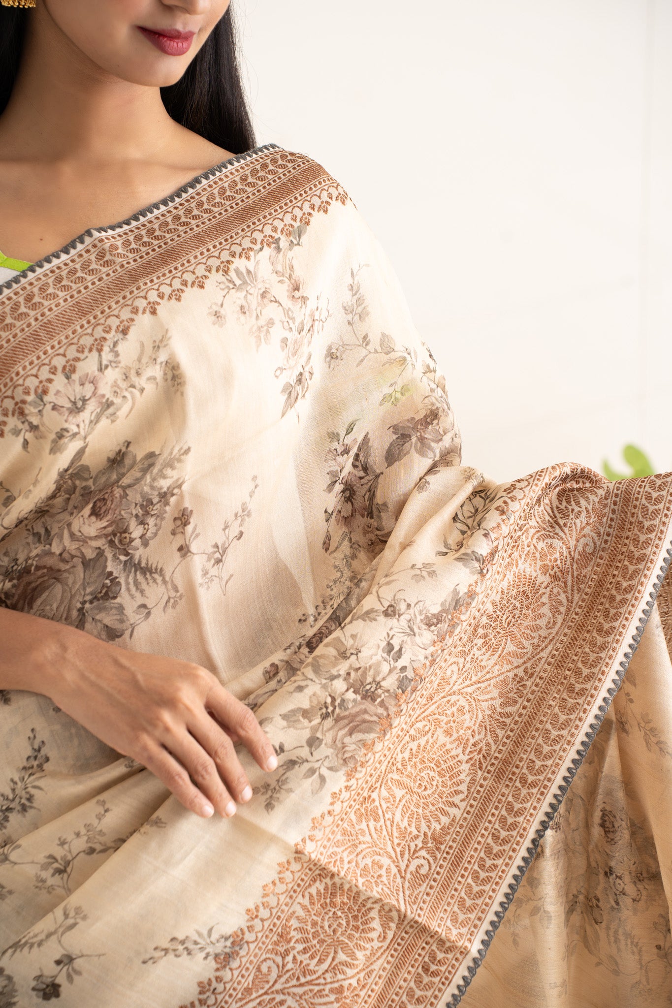 Sand Beige Floral Printed Pure Banaras Tussar Designer Saree - Clio Silks