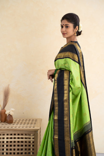 Parrot Green and Black Pure Zari Kanchipuram Silk Saree - Clio Silks