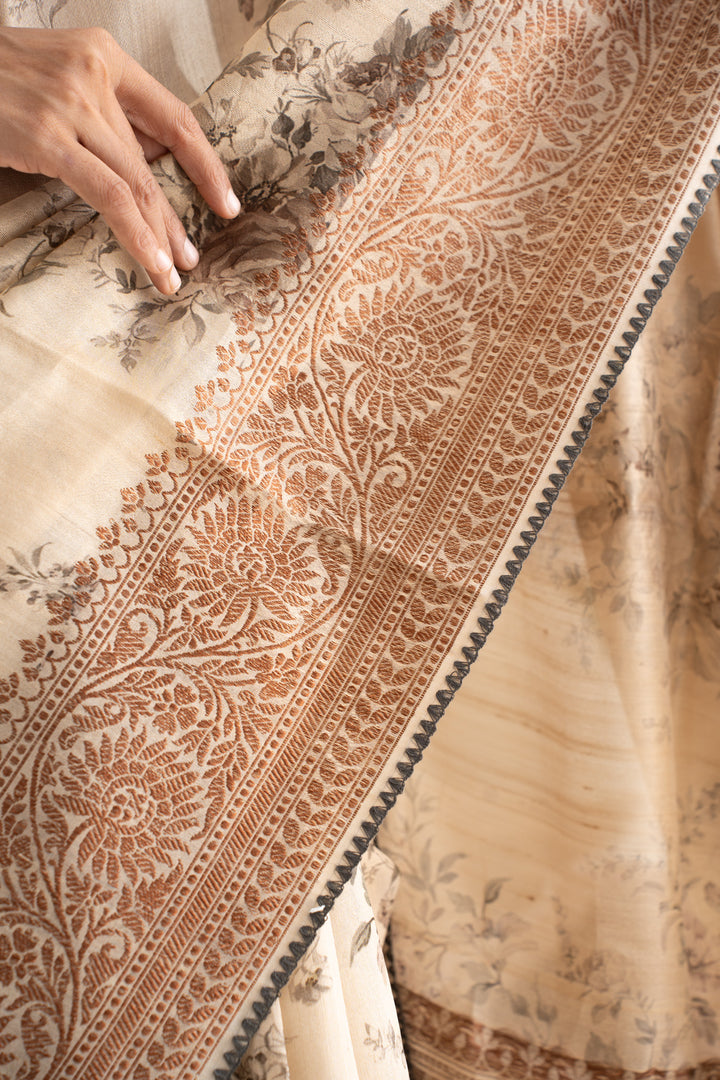 Sand Beige Floral Printed Pure Banaras Tussar Designer Saree - Clio Silks
