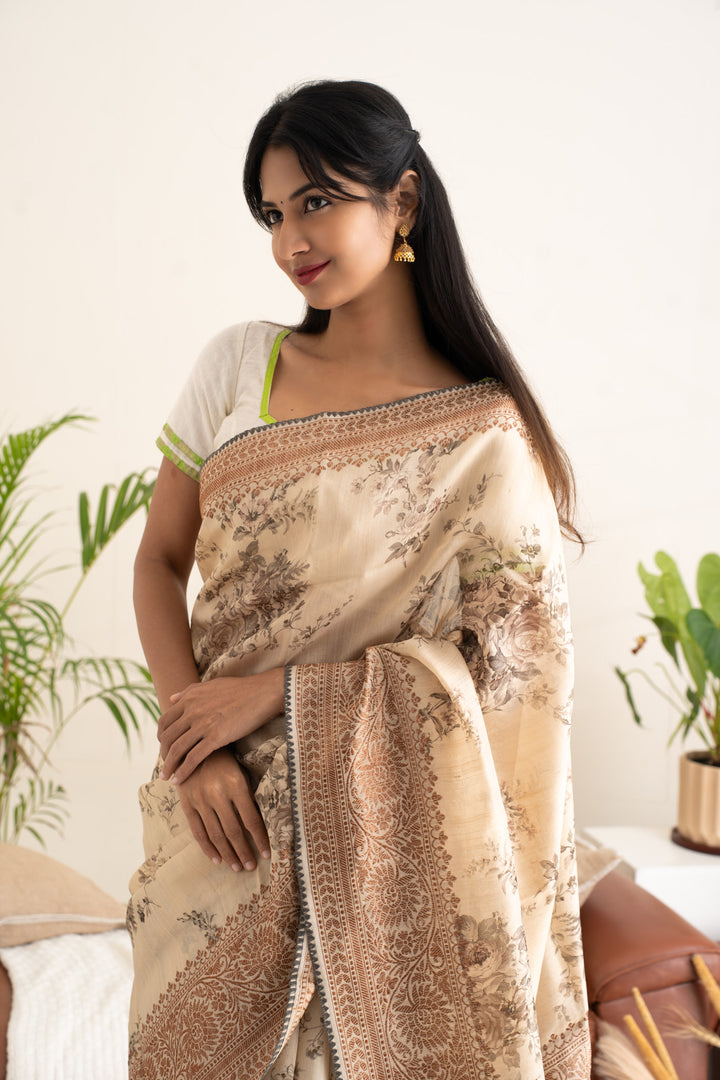 Sand Beige Floral Printed Pure Banaras Tussar Designer Saree - Clio Silks
