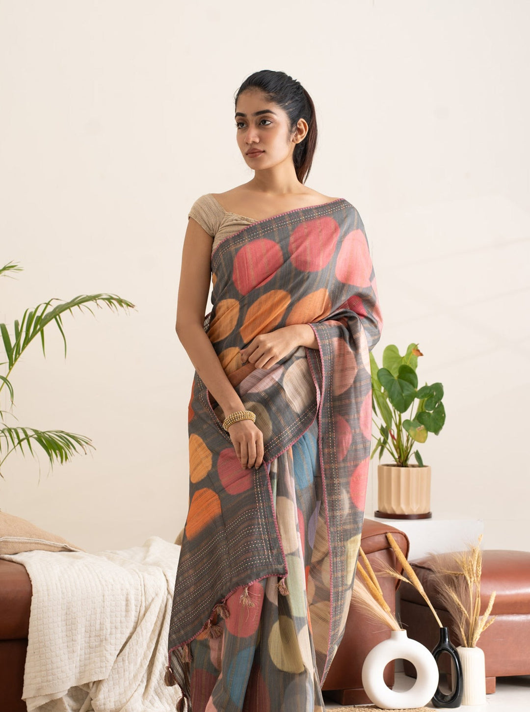 Grey Polka Zari Stripes Pure Designer Tussar Saree - Clio Silks