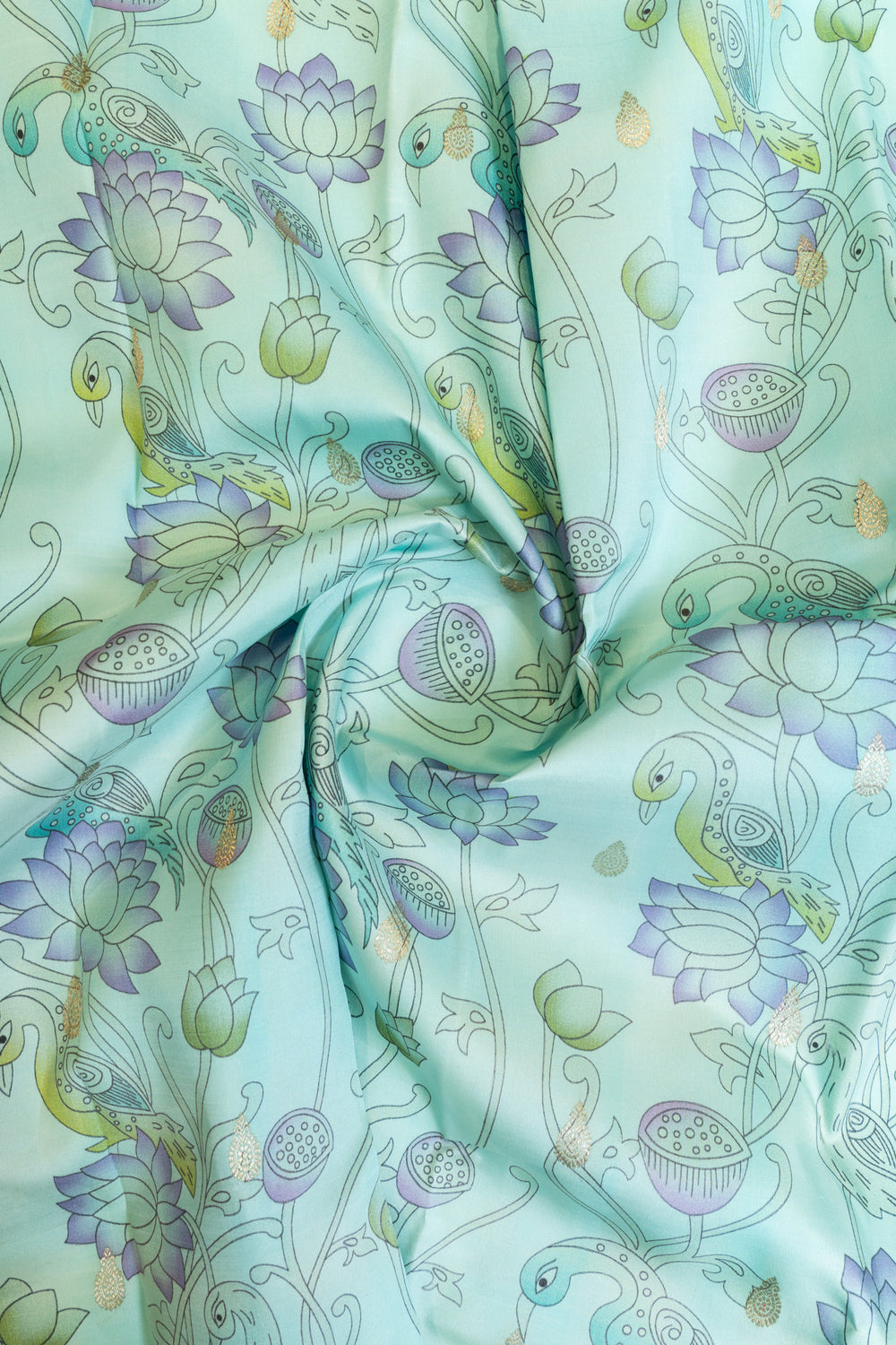 Pastel blue kalamkari printed pure Kanchipuram silk saree