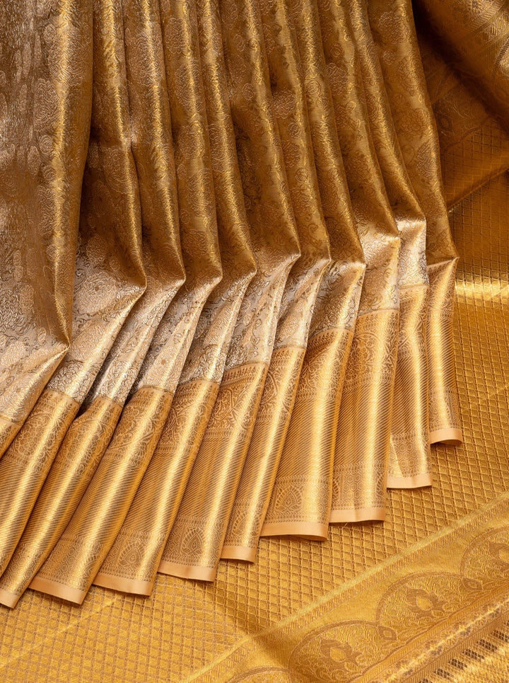 Gold Floral Brocade Tissue Kanchipuram Silk Saree - Clio Silks