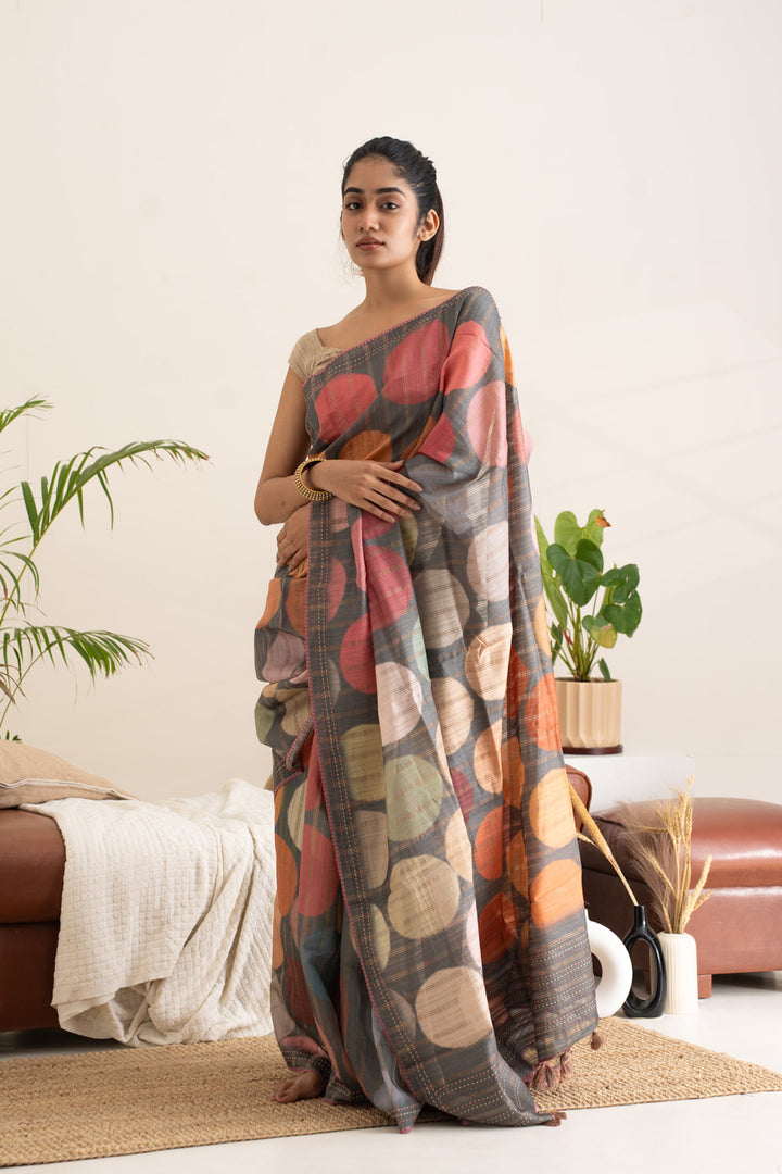 Grey Polka Zari Stripes Pure Designer Tussar Saree - Clio Silks