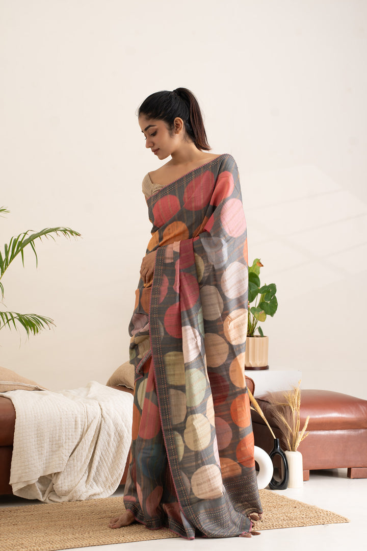 Grey Polka Zari Stripes Pure Designer Tussar Saree - Clio Silks