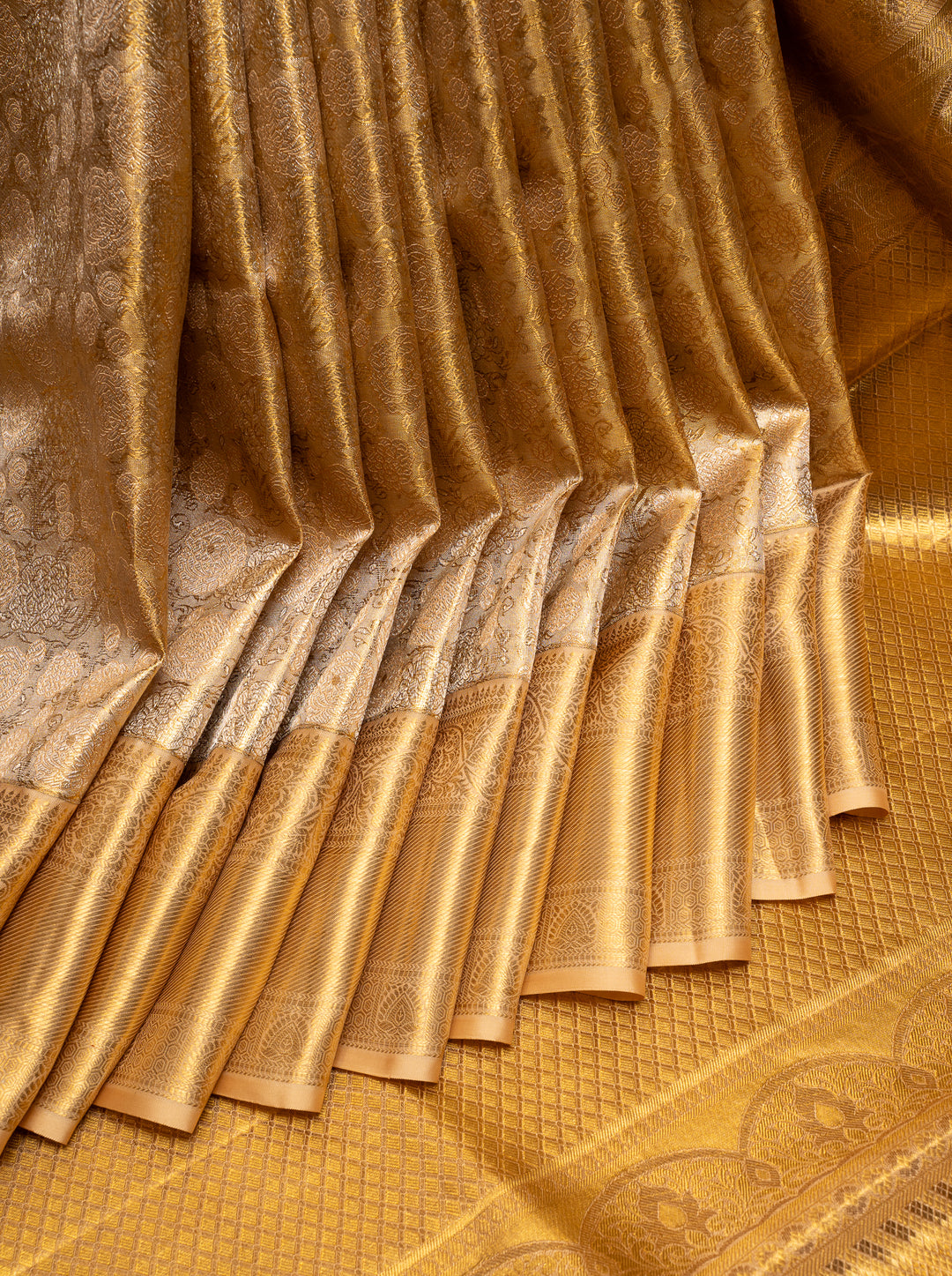 Gold Floral Brocade Tissue Kanchipuram Silk Saree - Clio Silks