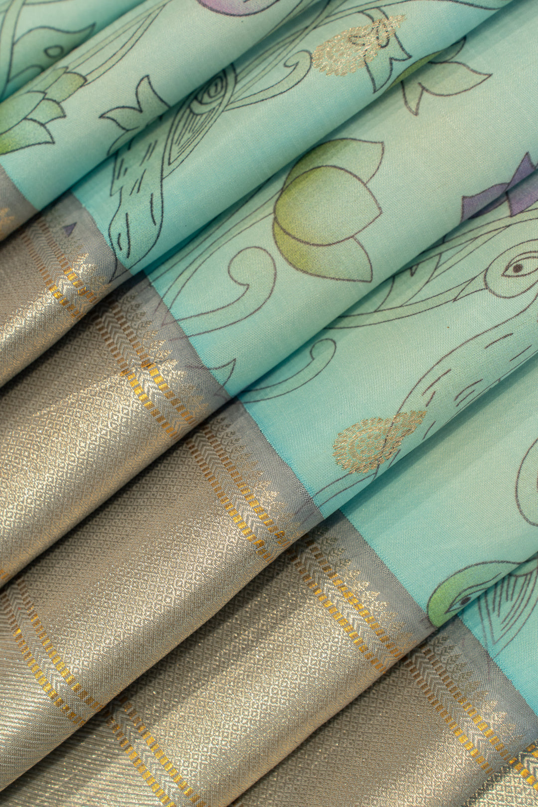Pastel blue kalamkari printed pure Kanchipuram silk saree