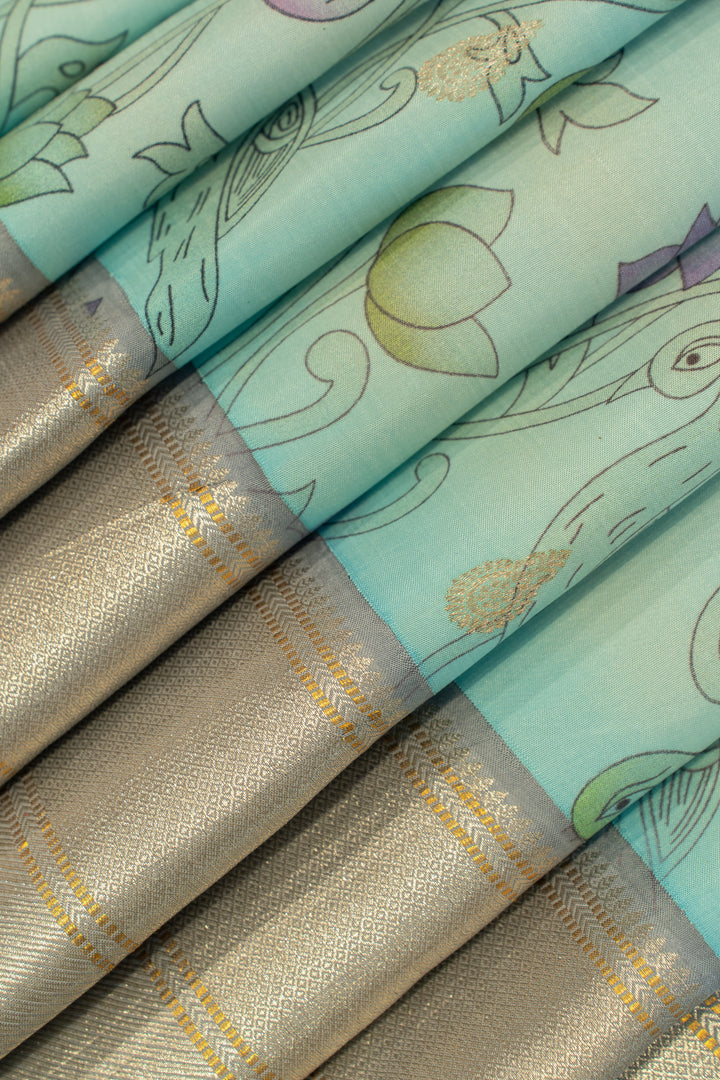 Pastel blue kalamkari printed pure Kanchipuram silk saree