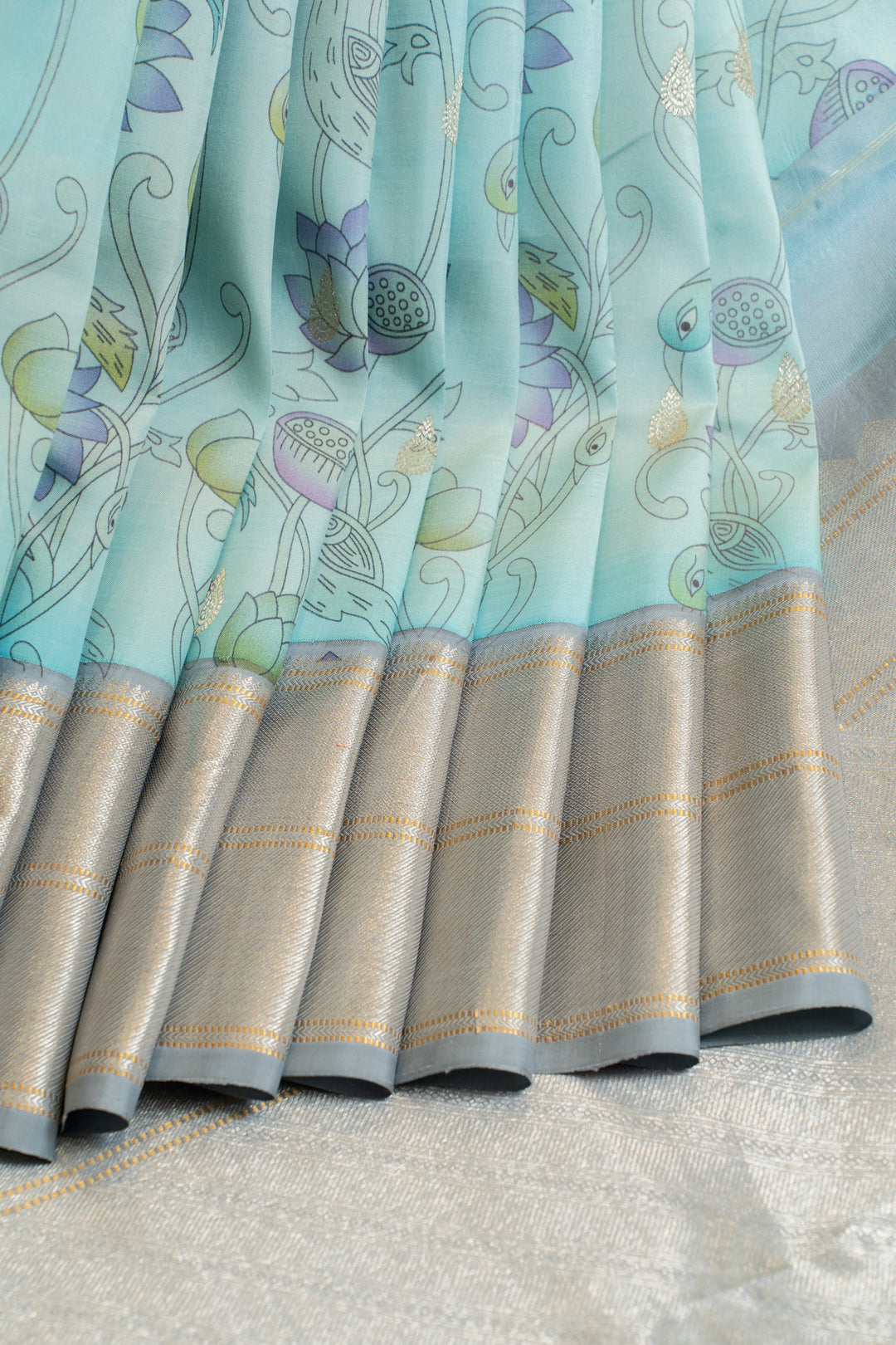 Pastel blue kalamkari printed pure Kanchipuram silk saree