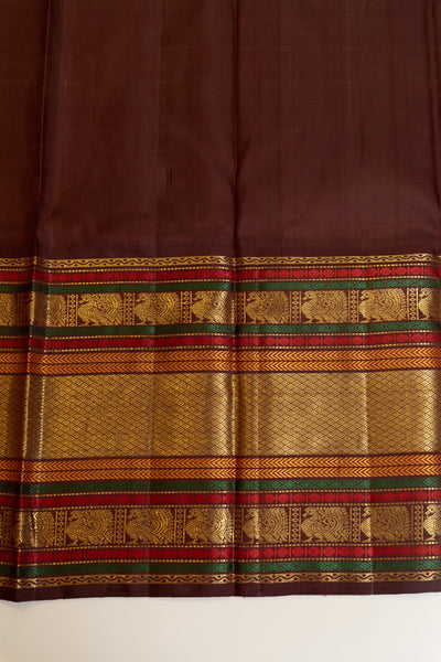 Red and brown Varisaipettu pure zari Kanchipuram silk saree