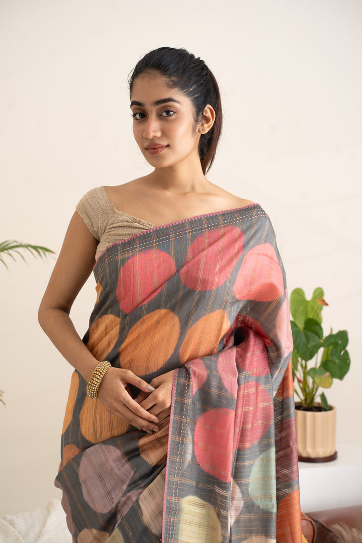 Grey Polka Zari Stripes Pure Designer Tussar Saree - Clio Silks