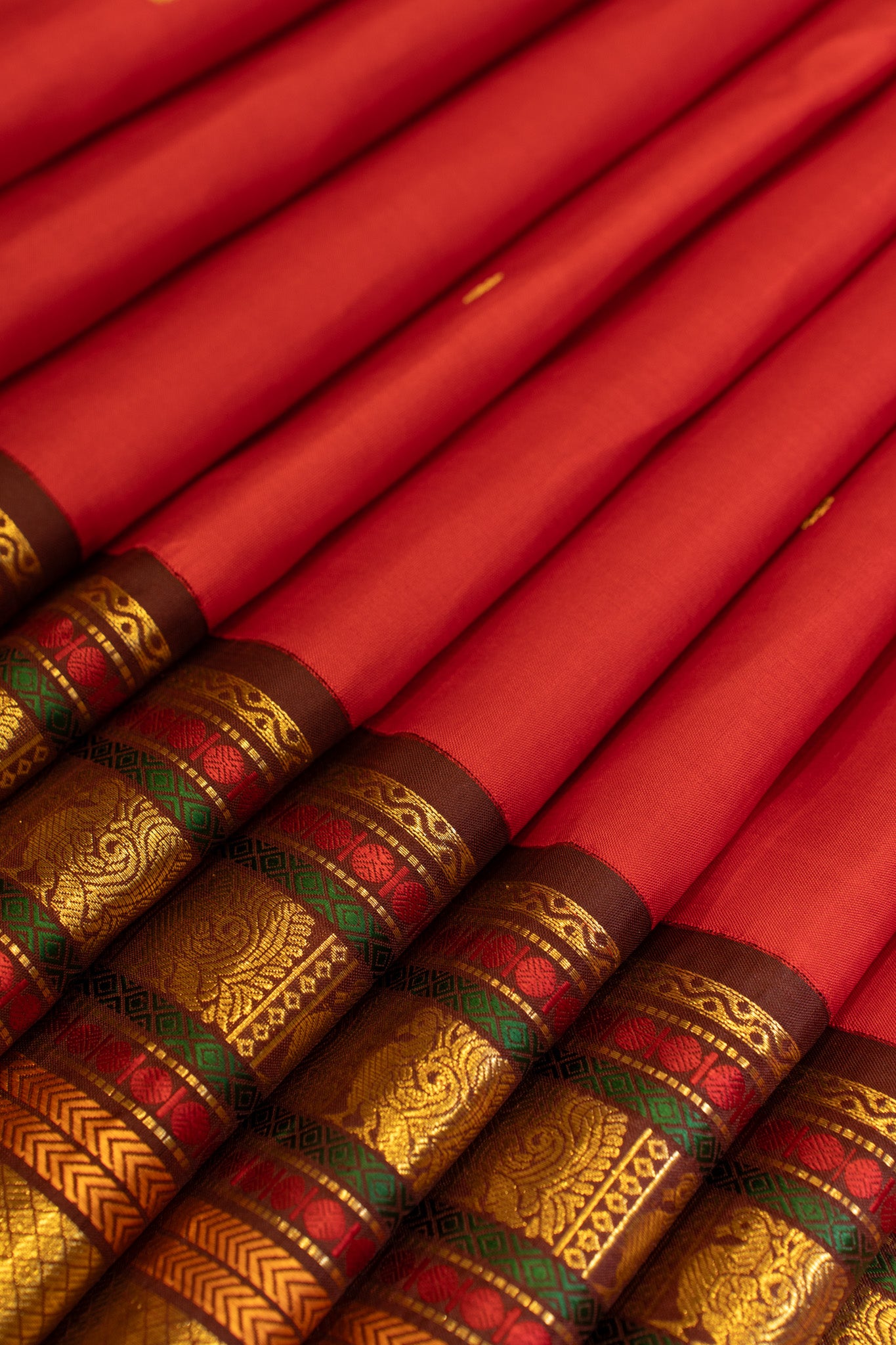 Red and brown Varisaipettu pure zari Kanchipuram silk saree