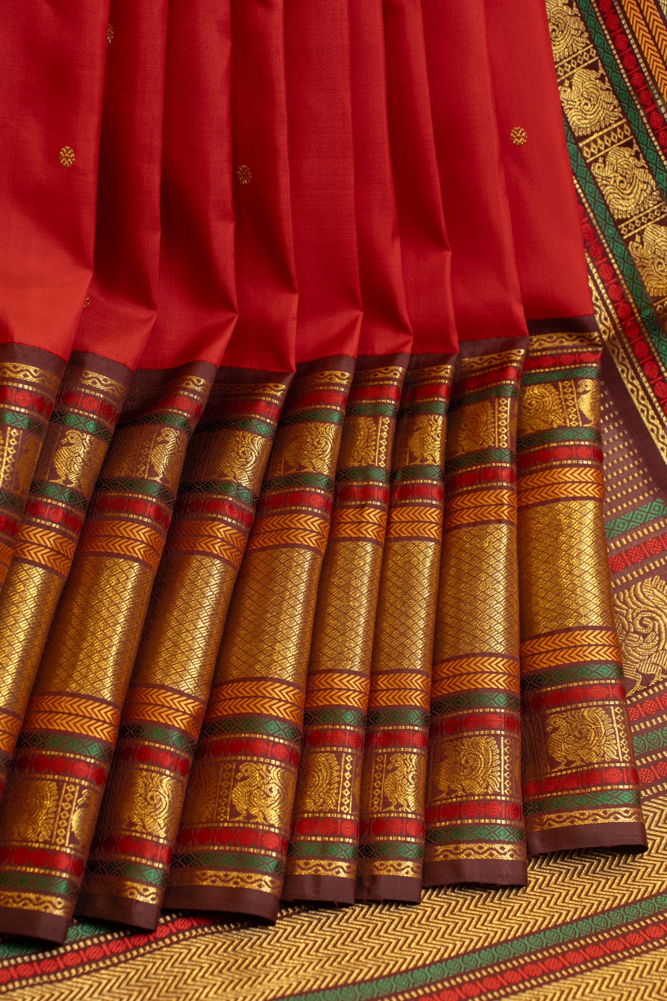 Red and brown Varisaipettu pure zari Kanchipuram silk saree