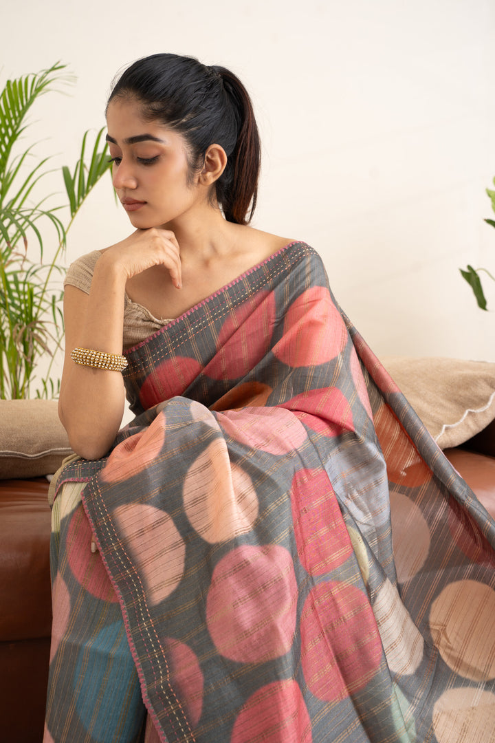 Grey Polka Zari Stripes Pure Designer Tussar Saree - Clio Silks