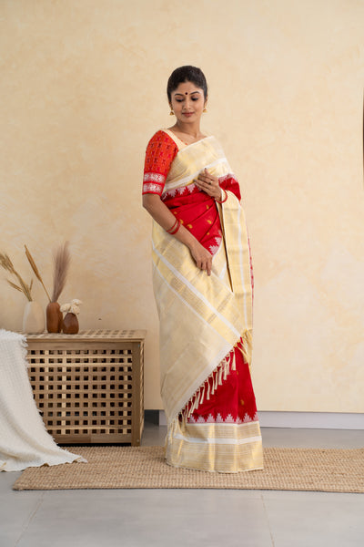 Red and Ivory Pure Kanchipuram Silk Saree - Clio Silks