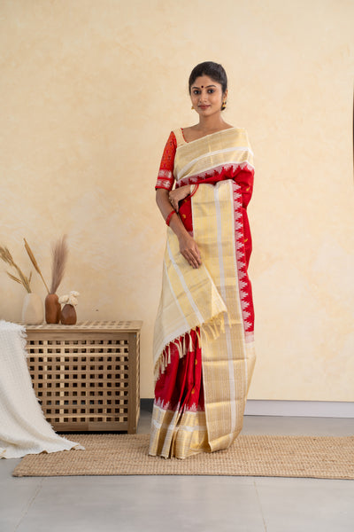 Red and Ivory Pure Kanchipuram Silk Saree - Clio Silks