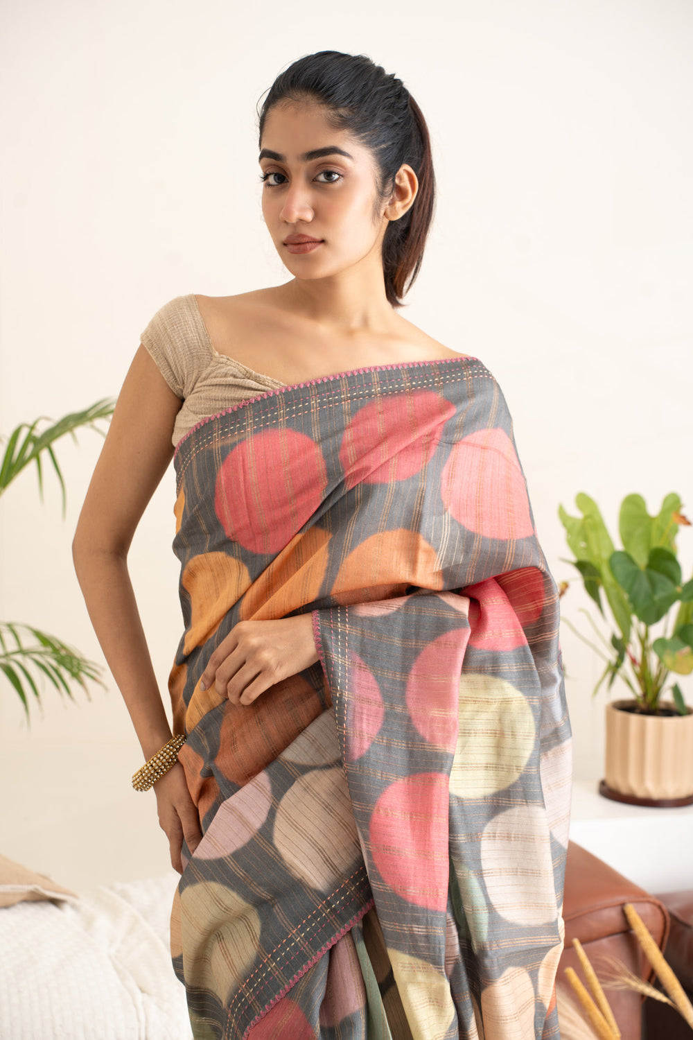 Grey Polka Zari Stripes Pure Designer Tussar Saree - Clio Silks