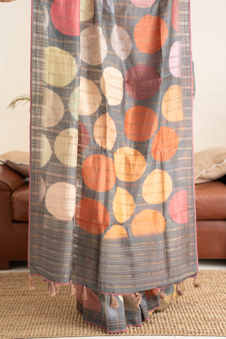Grey Polka Zari Stripes Pure Designer Tussar Saree - Clio Silks