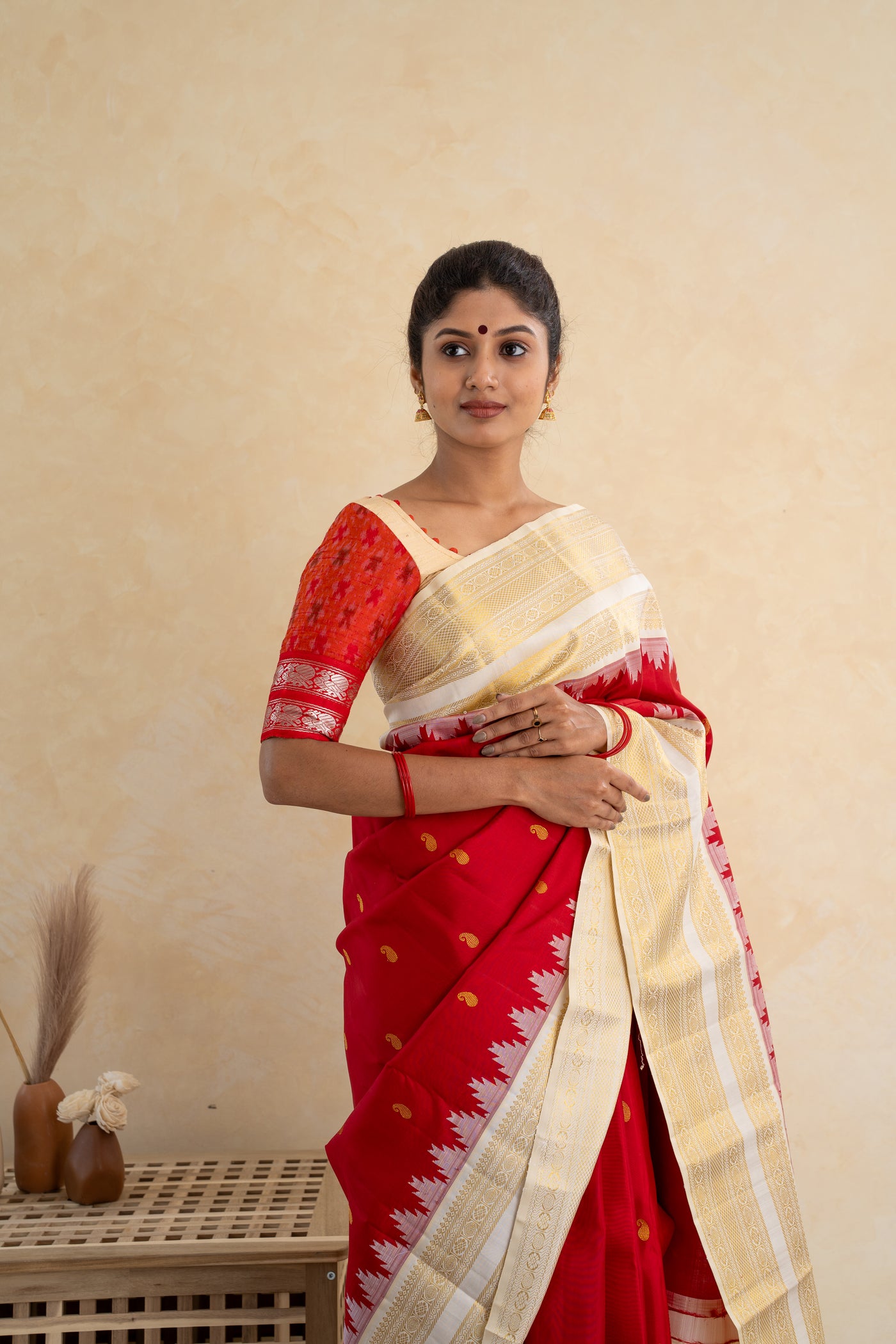 Red and Ivory Pure Kanchipuram Silk Saree - Clio Silks