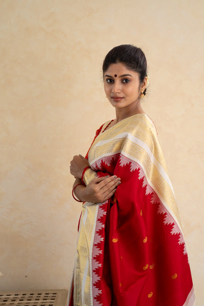 Red and Ivory Pure Kanchipuram Silk Saree - Clio Silks