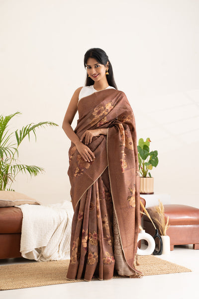 Brown Floral Printed Pure Munga Tussar Fancy Saree - Clio Silks
