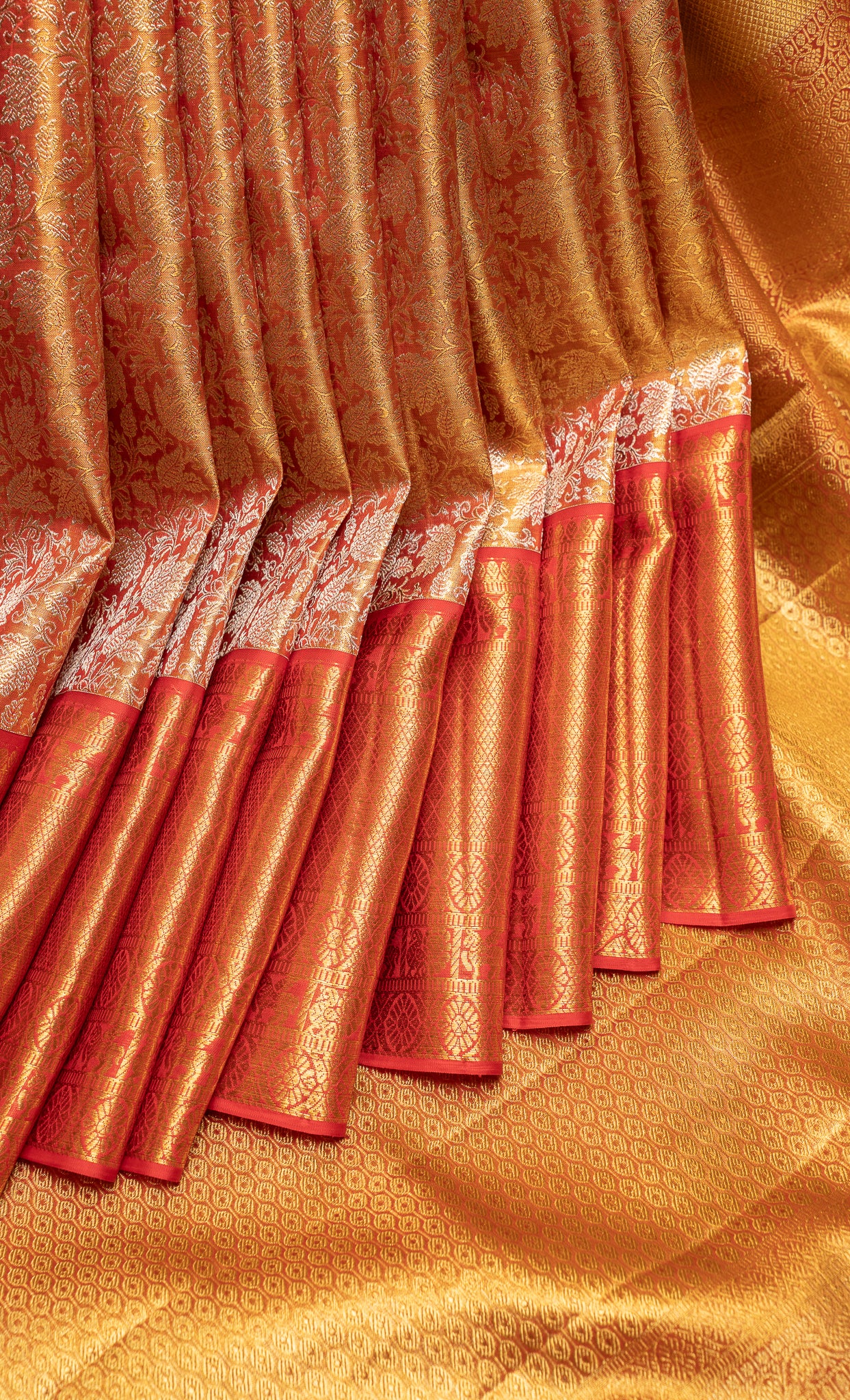 Gold and Red Tissue Brocade Pure Kanchipuram Wedding Silk Saree - Clio Silks