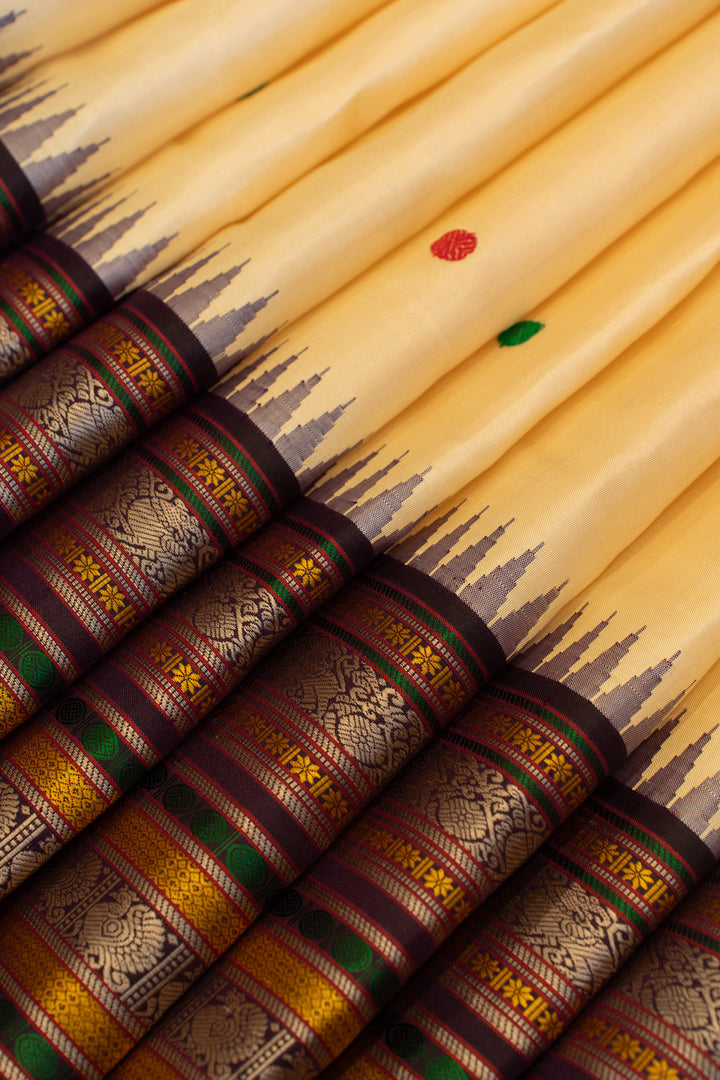 Cream and jamun without zari pure Kanchipuram silk saree