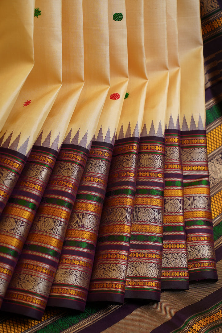 Cream and jamun without zari pure Kanchipuram silk saree