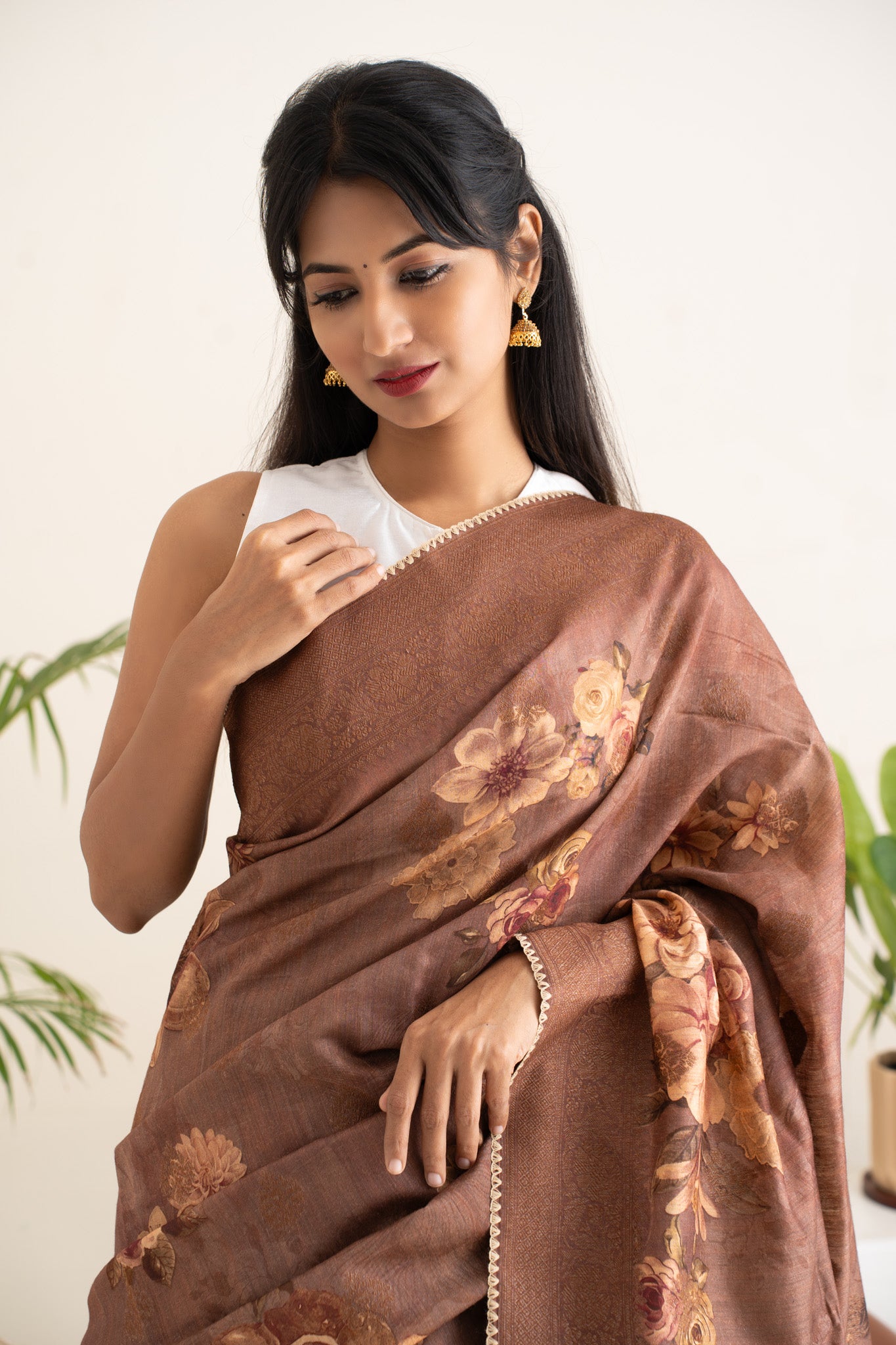 Brown Floral Printed Pure Munga Tussar Fancy Saree - Clio Silks