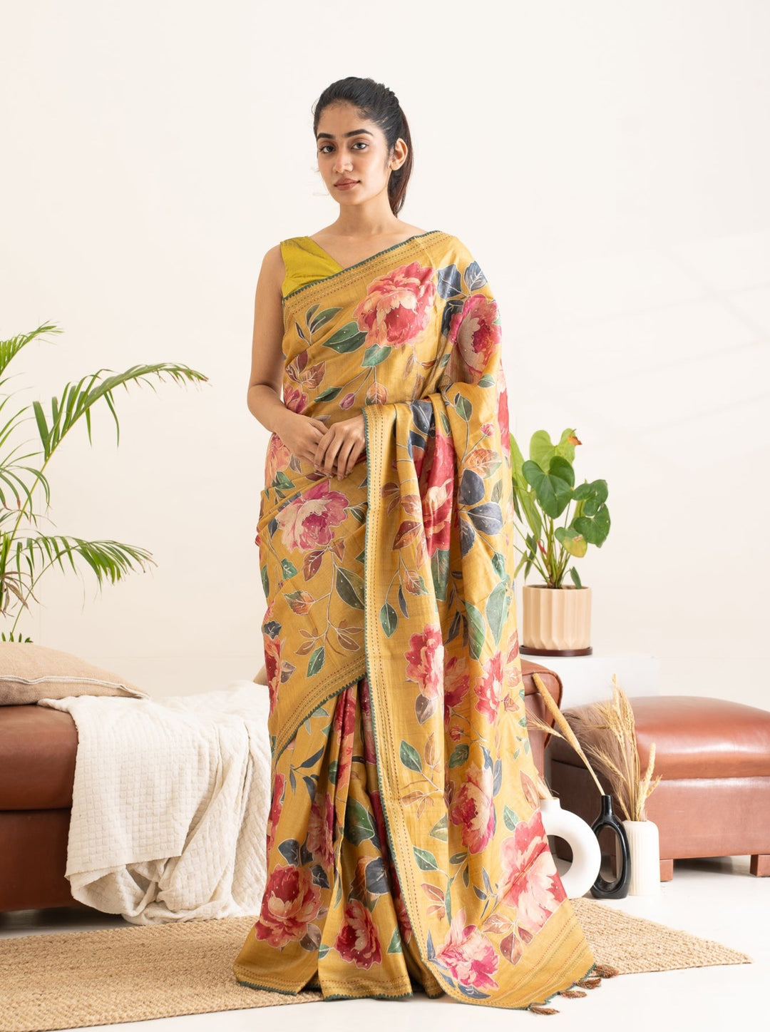 Marigold Yellow Floral Printed Embroidered Pure Tussar Saree - Clio Silks