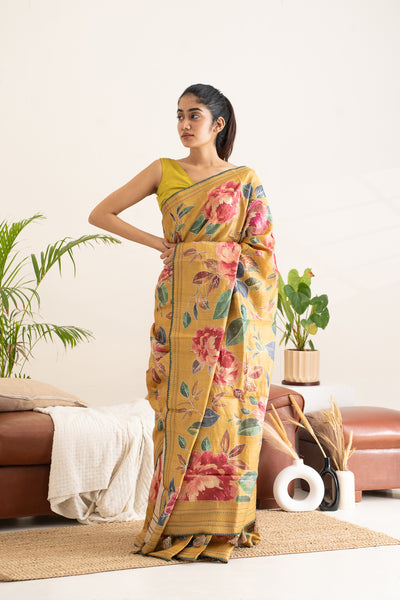 Marigold Yellow Floral Printed Embroidered Pure Tussar Saree - Clio Silks