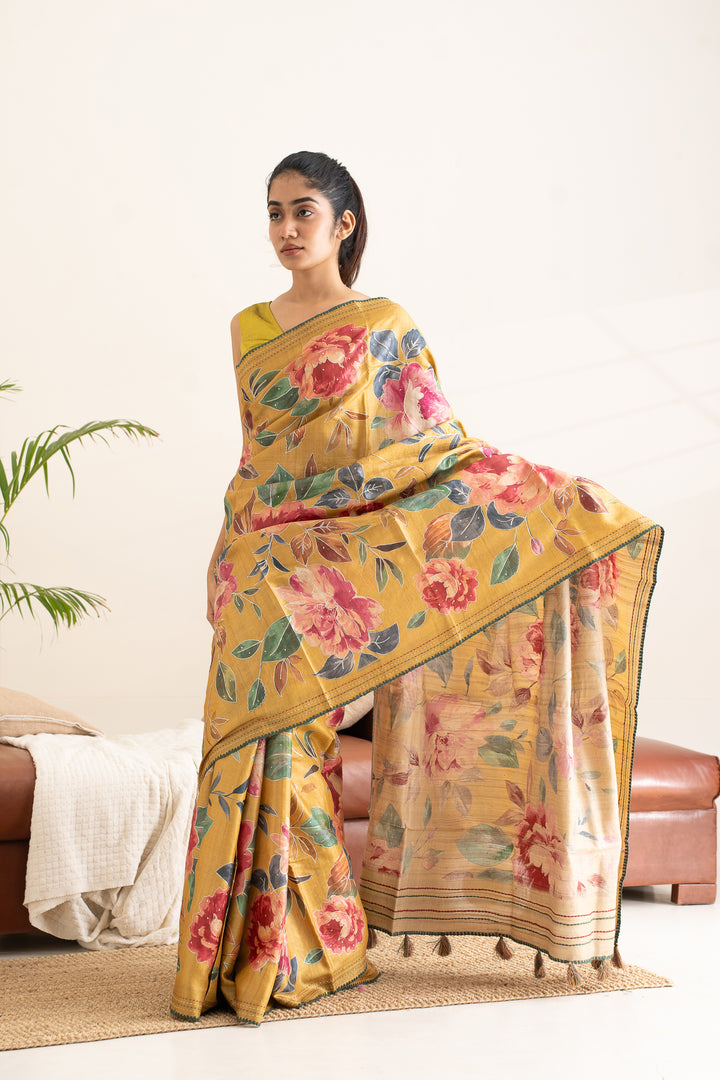 Marigold Yellow Floral Printed Embroidered Pure Tussar Saree - Clio Silks