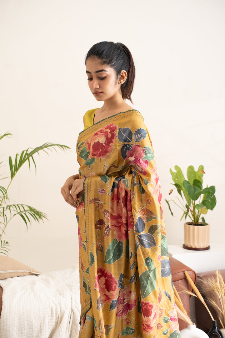 Marigold Yellow Floral Printed Embroidered Pure Tussar Saree - Clio Silks