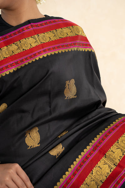 Black and Red Pure Kanchipuram Silk Saree - Clio Silks