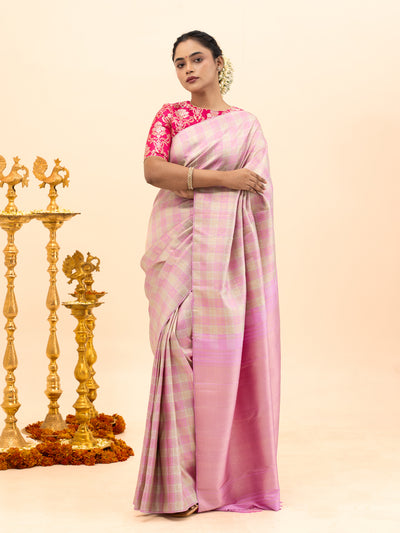 Lilac and Pastel Pink Borderless Checks Pure Kanjivaram Silk Saree