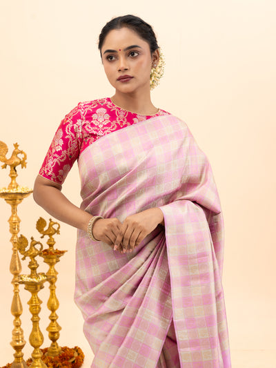 Lilac and Pastel Pink Borderless Checks Pure Kanjivaram Silk Saree