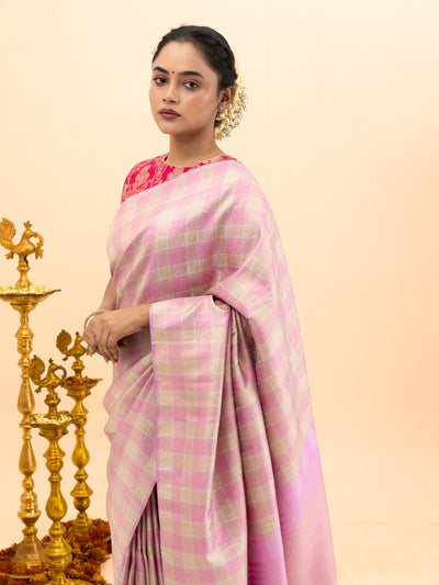 Lilac and Pastel Pink Borderless Checks Pure Kanjivaram Silk Saree